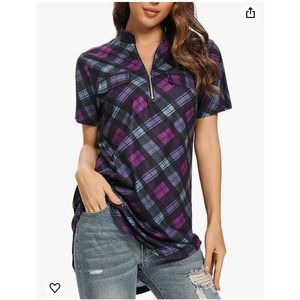 Women Roll-Up 3/4 Sleeve Plaid Tunic V Neck Blouse (Size S)